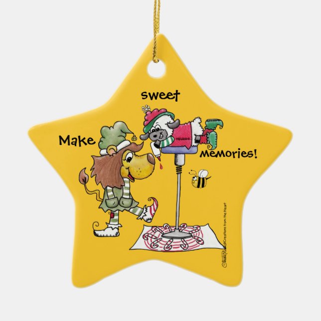 Lion and Lamb Candy Cane Makers Ceramic Ornament (Front)