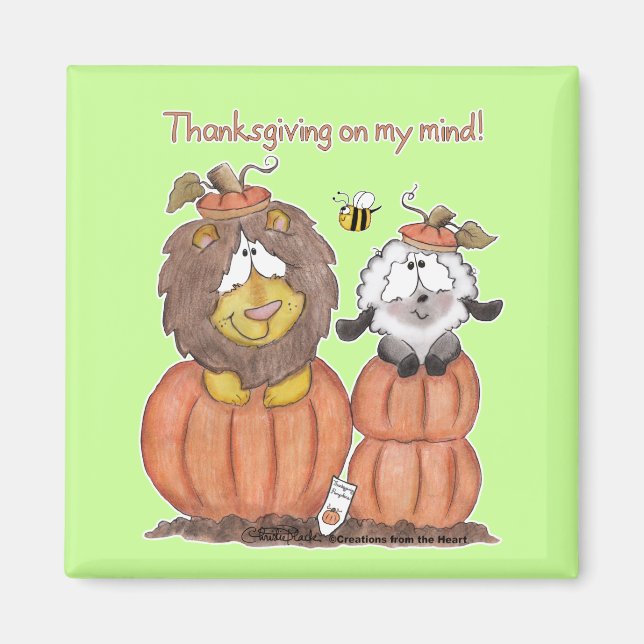 Lion and Lamb in Pumpkins Magnet (Front)
