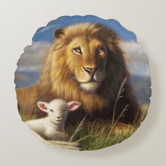 Lion and Lamb Round Throw Pillow (Front)