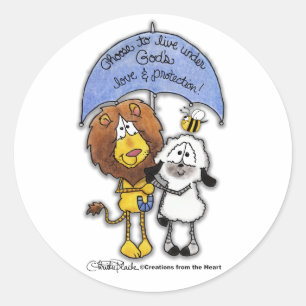 Lion and Lamb Under Umbrella Classic Round Sticker