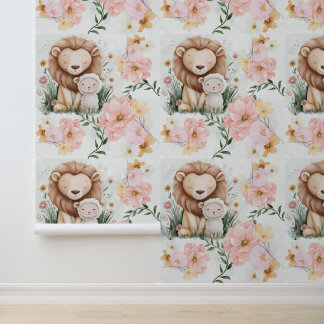 Lion And Lamb With Floral Accents For Nursery Room Wallpaper