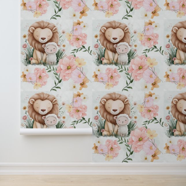Lion And Lamb With Floral Accents For Nursery Room Wallpaper (Application)