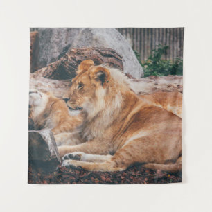 LION AND LIONESS LYING ON BROWN SURFACE TAPESTRY