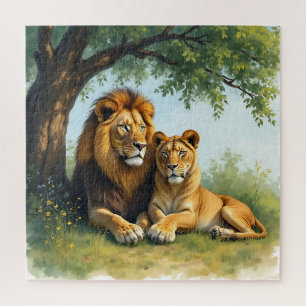 Lion and Lioness Side by Side under Tree Jigsaw Puzzle