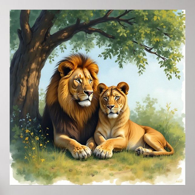 Lion and Lioness Under a Tree Poster (Front)