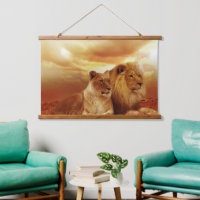 Lion and Lioness Wood Topped Wall Tapestry 