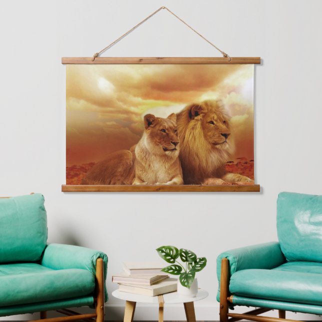 Lion and Lioness Wood Topped Wall Tapestry  (Living Room)