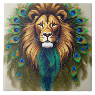 Lion and Peacock Feathers Ceramic Tile