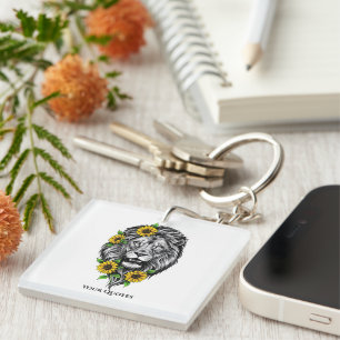 Lion and Sunflower Floral Illustration Key Ring