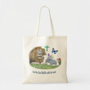 Lion and the lamb Bible verse Tote Bag