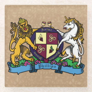Lion and Unicorn Rampant Wine Coat of Arms Glass Coaster