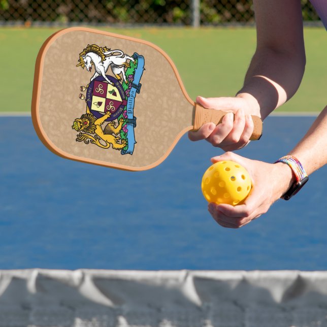 Lion and Unicorn Rampant Wine Coat of Arms Pickleball Paddle (Insitu)