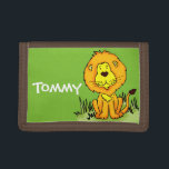 Lion animal graphic green name kids wallet<br><div class="desc">Encourage saving with this kids character lion animal wallet in bright green,  yellow and orange,  personalise with your child's name. Currently reads Tommy. Unique art and designed by Sarah Trett.</div>