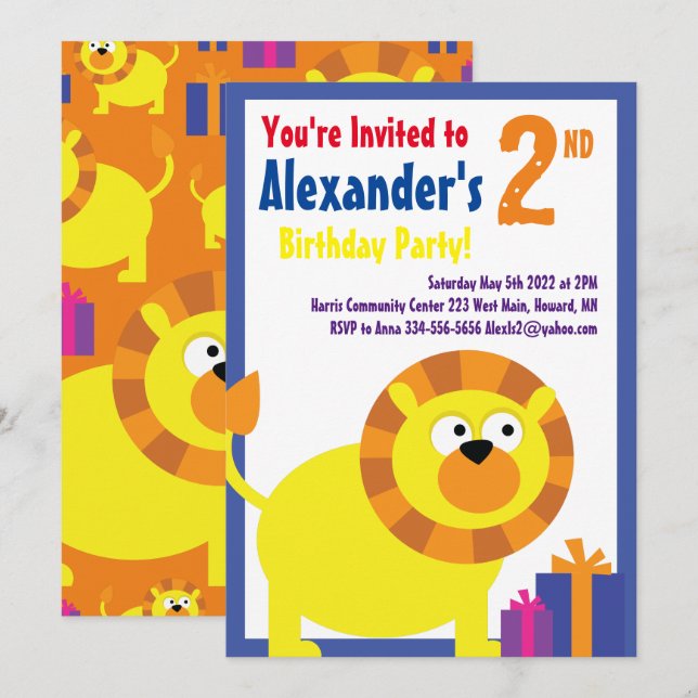 Lion Animal Kid's Birthday Party Invitations (Front/Back)