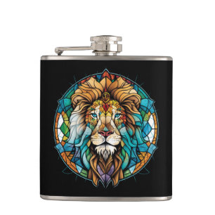 Lion Animal Portrait Stained Glass Wildlife Forest Hip Flask