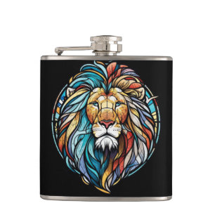 Lion Animal Portrait Stained Glass Wildlife Forest Hip Flask