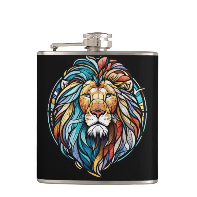 Lion Animal Portrait Stained Glass Wildlife Forest Hip Flask (Front)