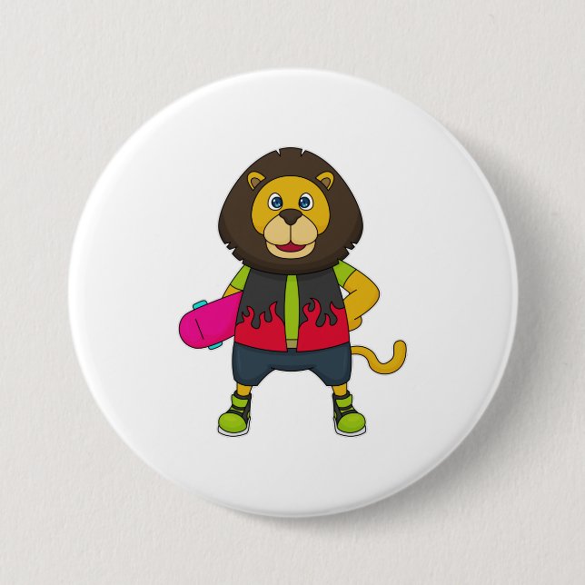 Lion as Skater with Skateboard 7.5 Cm Round Badge (Front)