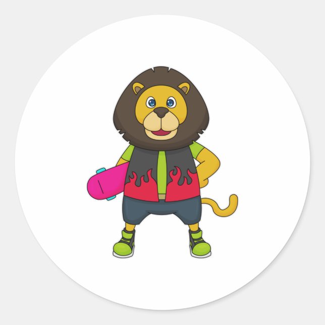 Lion as Skater with Skateboard Classic Round Sticker (Front)