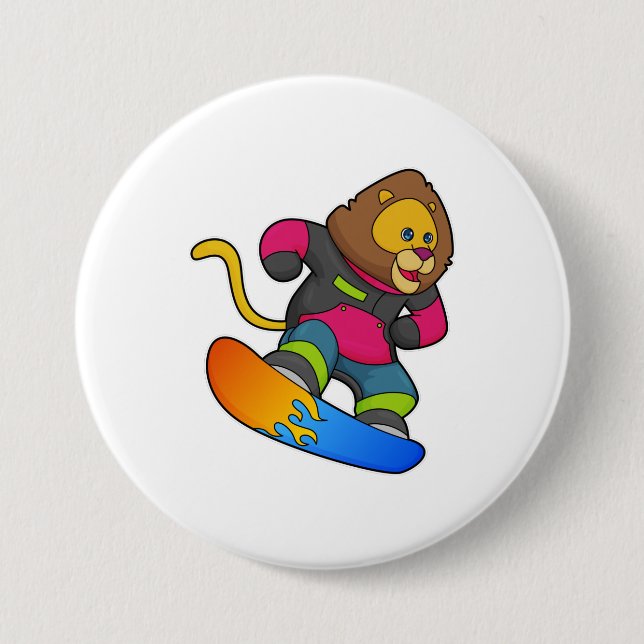 Lion as Snowboarder with Snowboard 7.5 Cm Round Badge (Front)