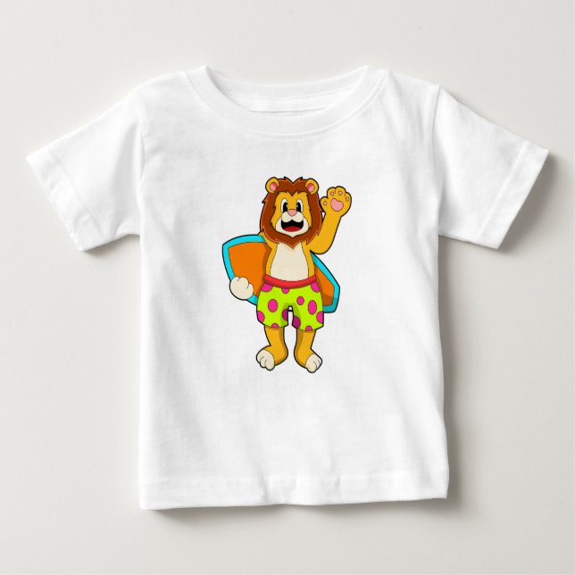 Lion as Surfer with Surfboard Baby T-Shirt (Front)