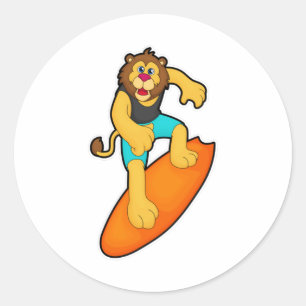 Lion as Surfer with Surfboard Classic Round Sticker