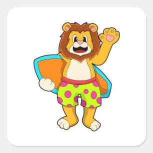 Lion as Surfer with Surfboard Square Sticker