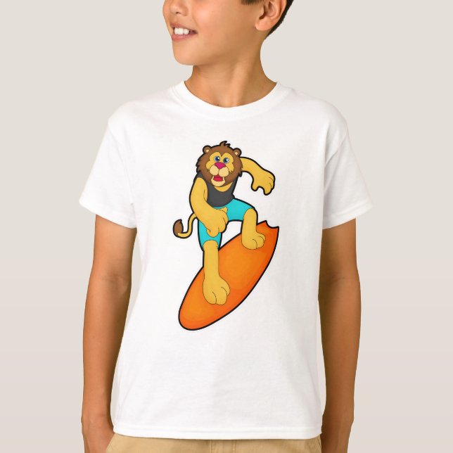 Lion as Surfer with Surfboard T-Shirt (Front)