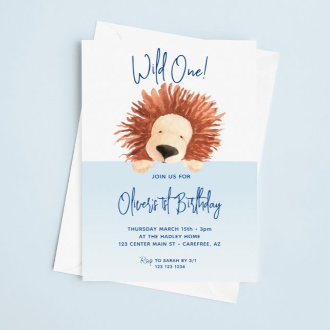 Lion Baby Blue 1st Birthday Invitation (Creator Uploaded)