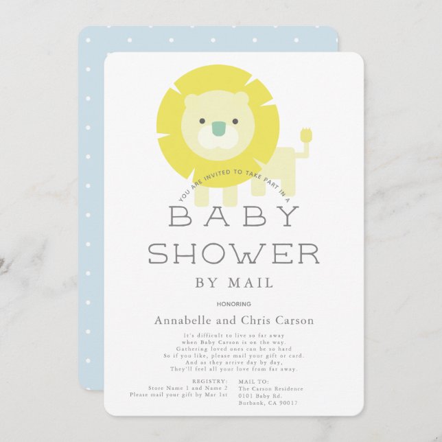 Lion Baby Blue Boy Baby Shower by Mail Invitation (Front/Back)