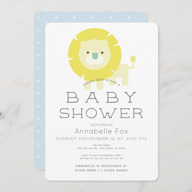 Lion Baby Blue Boy Baby Shower Invitation (Front/Back)