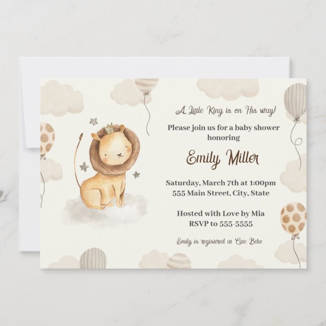 Lion baby shower invitation cute watercolor  (Front)