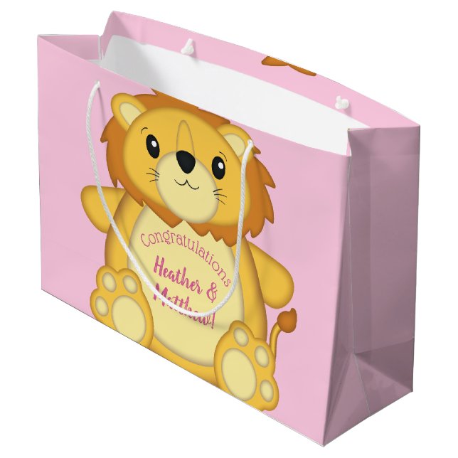 Lion Baby Shower Pink Large Gift Bag (Back Angled)