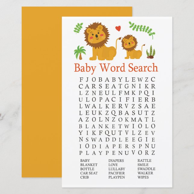 Lion Baby Shower Word Search Game (Front/Back)