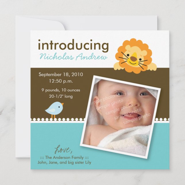 Lion & Birdie Designer Birth Announcement (blue) (Front)