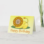 Lion Birthday Card<br><div class="desc">A birthday card featuring an illustration of a lion sitting on green grass.  Orange customisable text reads "Happy Birthday."  Inside bottom features an illustration of a leaf.  Personalise with your own message inside.</div>