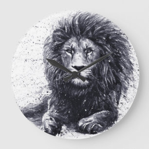 Lion black and white illustration. large clock