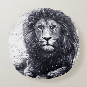 Lion black and white illustration. round cushion