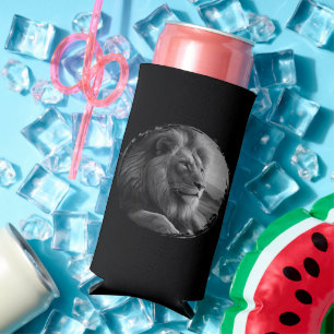 lion black and white nature animal wildlife seltzer can cooler