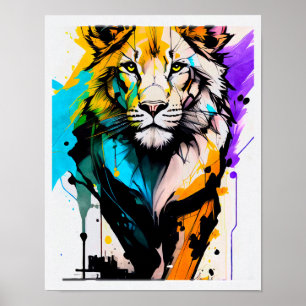Lion black purple blue shapes lines paints plash poster