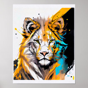 Lion black purple blue shapes lines paints plash poster
