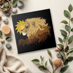 Lion Black Yellow Mandala Sun Ceramic Tile