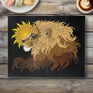 Lion Black Yellow Mandala Sun Jigsaw Puzzle