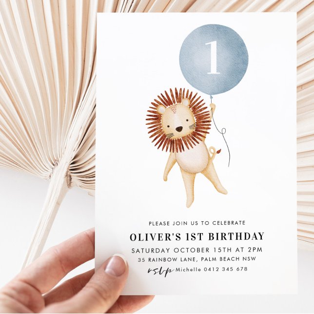 Lion Blue Balloon Boys 1st Birthday Party Invitation (Creator Uploaded)