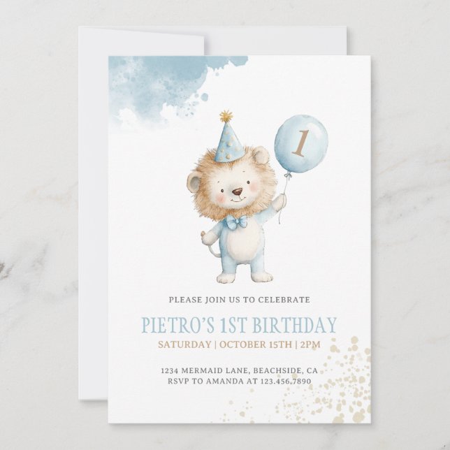 Lion Blue Balloon Boys 1st Birthday Party Invitation (Front)
