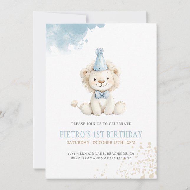 Lion Blue Boys Watercolor Birthday  Invitation (Front)