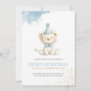 Lion Blue Boys Watercolor Birthday  Invitation