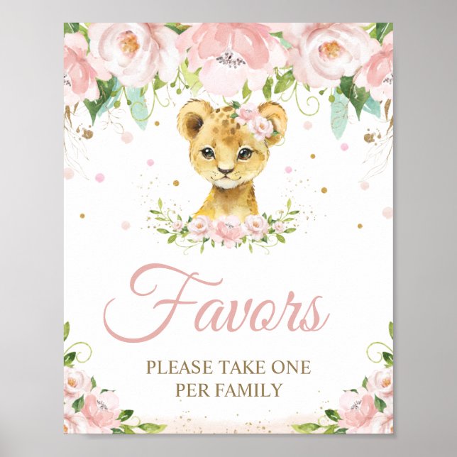 Lion Blush Pink Floral Baby Shower Birthday Favour Poster (Front)