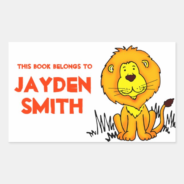 Lion book plate name orange white id label sticker (Front)