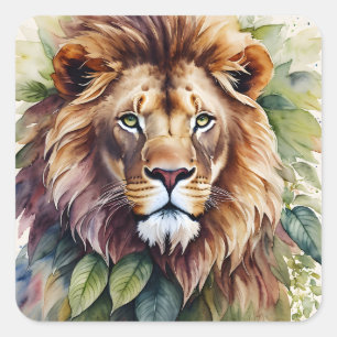 Lion Botanical Watercolor Art Square Sticker